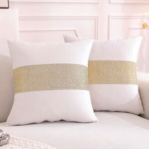 White and Gold Rhinestone Accent Decorative Pillow Covers 18x18” SQUARE (2-Pack)